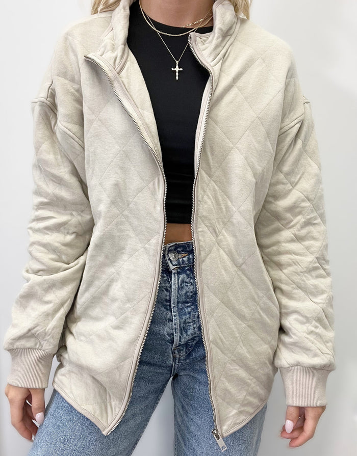 LONG SLEEVE HIGH NECK JACKET WITH FRONT ZIPPER CLOSURE-TAUPE