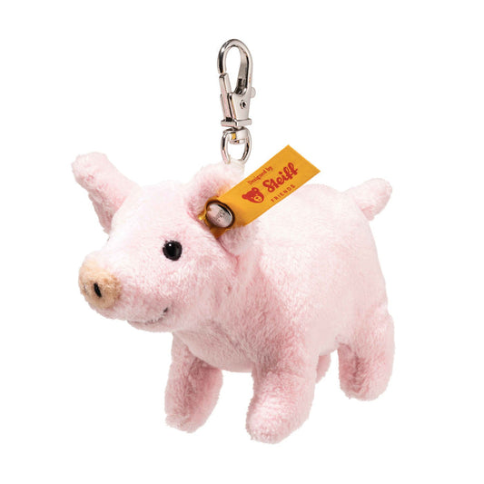 Pink plush pig bag charm pendant with metal clip and yellow fabric tag