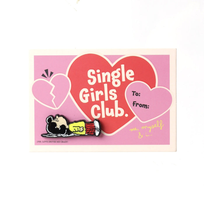 Pink Valentine pin card reading “Single Girls Club” with hearts and To/From fields