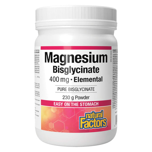 Bottle of Natural Factors Magnesium Bisglycinate 400mg Pure 230g Powder