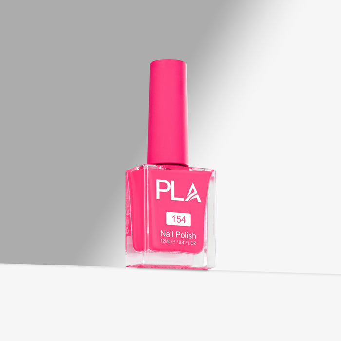 Pink nail polish bottle with 'PLA' branding on a gray background