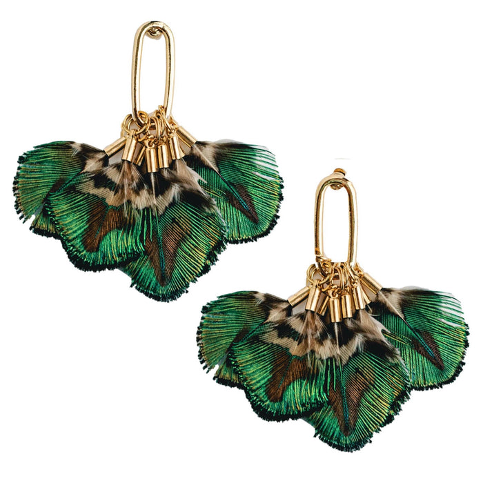 St Armands Designs of Sarasota mallard feather tassel earrings featuring gold hooks and natural feather detailing.