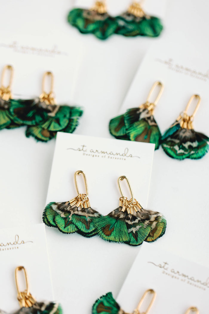 St Armands Designs of Sarasota mallard feather tassel earrings featuring delicate feather details and tassel embellishments.