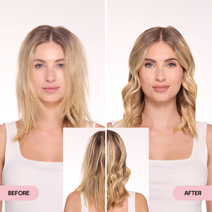 Side-by-side before and after image showing a woman with straight, tousled hair transformed to smooth, defined curls.