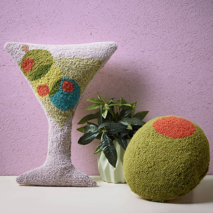 Martini glass-shaped hook pillow featuring an ampersand design by Peking Handicraft, decorative accent for couches or beds.