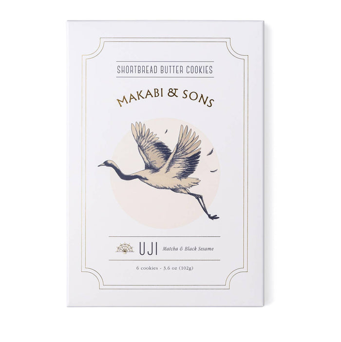Shortbread cookie box with bird and Uji matcha & black sesame label