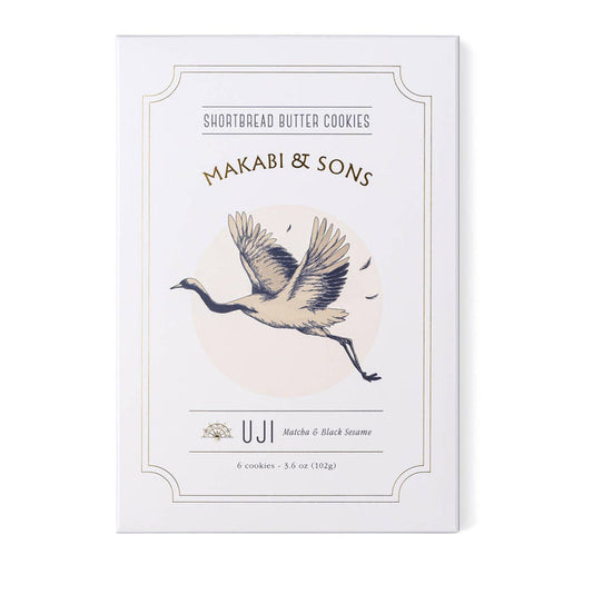 Shortbread cookie box with bird and Uji matcha & black sesame label