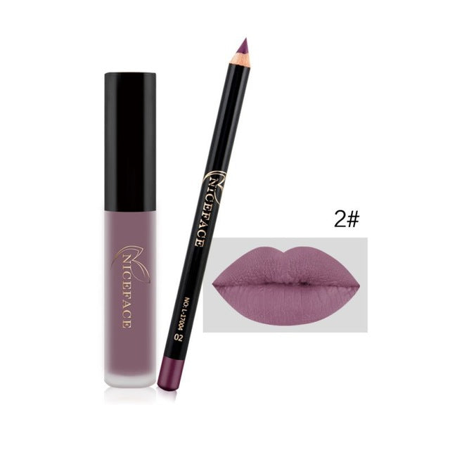 Matte Lipstick Long Lasting Waterproof Liquid Lip Gloss and Lip Liner Makeup Set