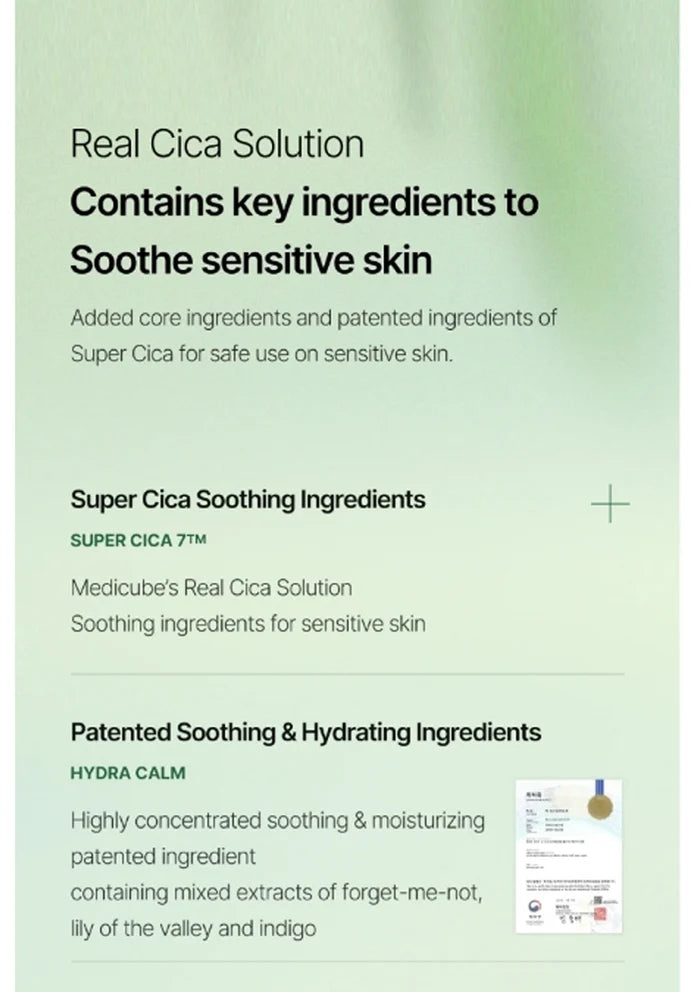Product label for Real Cica Solution with text and branding elements on a green background