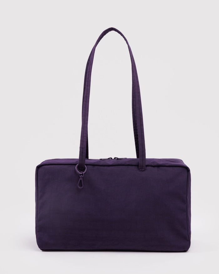 Purple nylon bowler bag with top zip and short handles