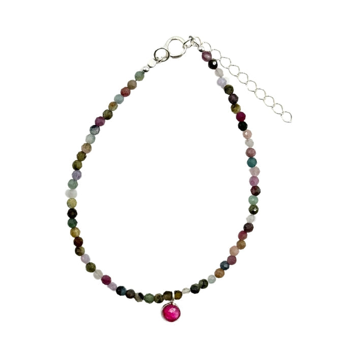 Mix Tourmaline with Ruby Faceted Stone & Charm Bracelet 925