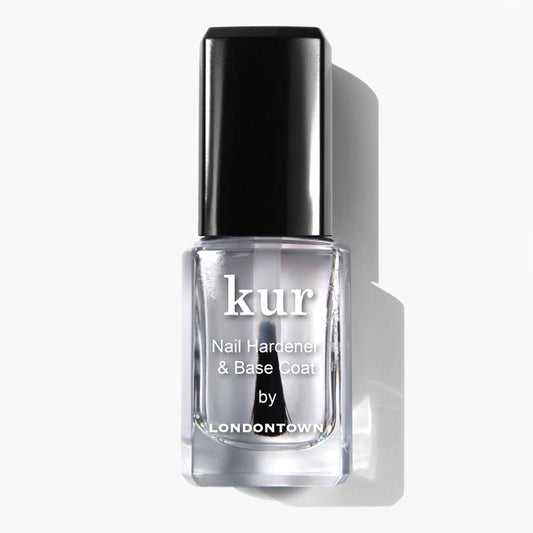 A clear bottle of LONDONTOWN Nail Hardener & Base Coat, promising stronger nails with its unique formula, is showcased with a sleek black cap on a white background.