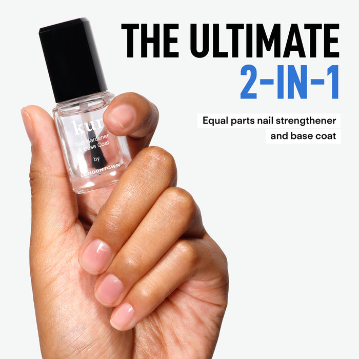 A hand holds a bottle of LONDONTOWN's Nail Hardener & Base Coat, proudly showcasing it as "The Ultimate 2-in-1 Strengthener.
