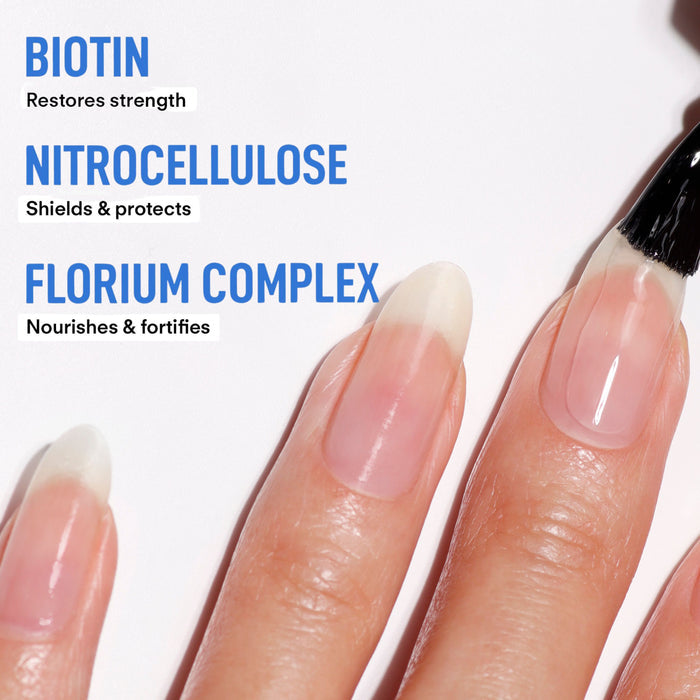 Close-up of a hand with long nails painted with LONDONTOWN's Nail Hardener & Base Coat. Benefits include Biotin for strength, Nitrocellulose for protection, and Florium Complex for nourishment and fortification.