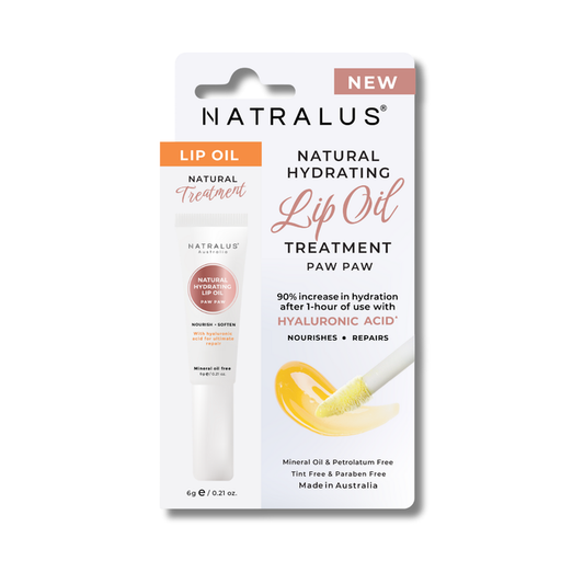 Natralus Natural Hydrating Lip Oil Treatment Paw Paw – Australian natural lip treatment with hyaluronic acid and botanical oils to soothe, repair, and deeply hydrate dry, chapped lips.