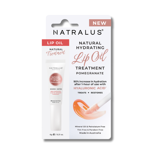 Natralus Natural Hydrating Lip Oil Treatment Pomegranate – Australian natural lip care with hyaluronic acid and botanical oils for soft, nourished, and hydrated lips.