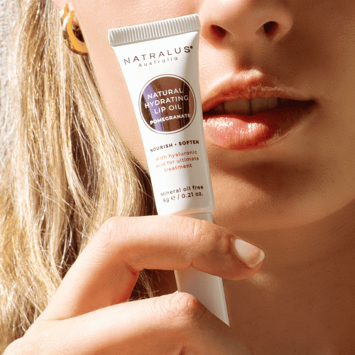 Natralus Natural Hydrating Lip Oil Treatment Pomegranate – Australian natural lip care with hyaluronic acid and botanical oils for soft, nourished, and hydrated lips.
