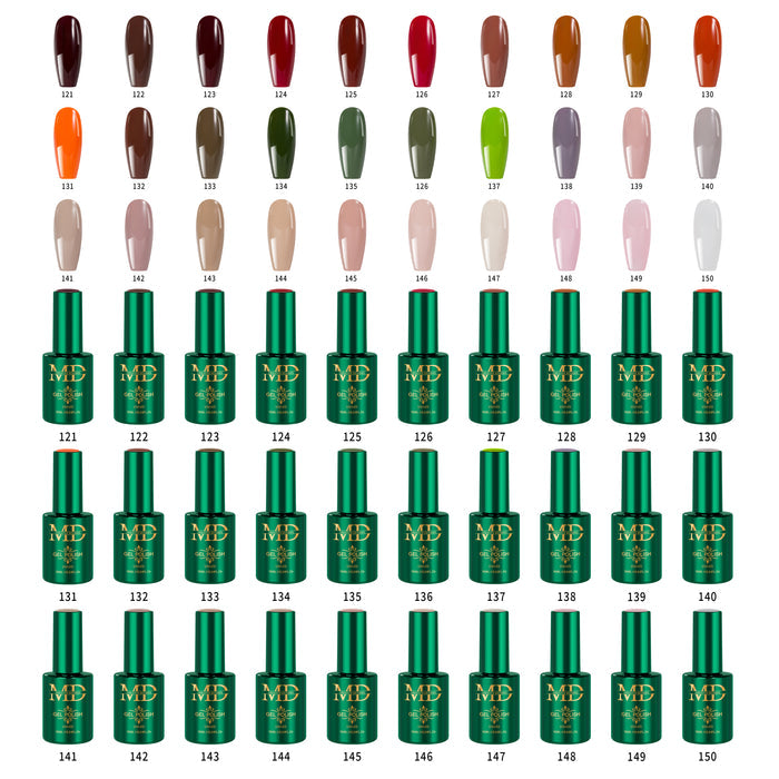 Color chart with nail polish bottles and corresponding color swatches on a white background