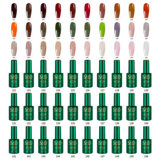 Color chart with nail polish bottles and corresponding color swatches on a white background