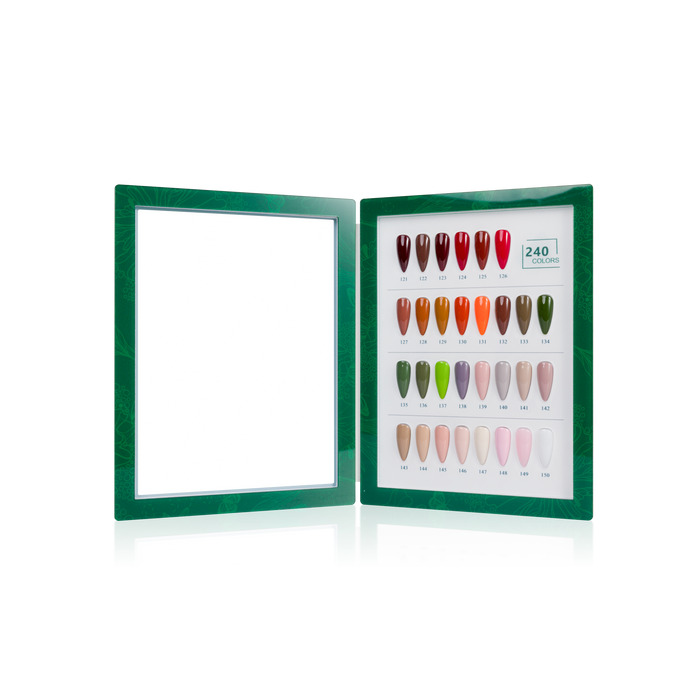 Color swatch book with various nail tip color swatches in a green frame on a white background