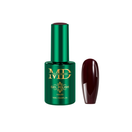 Green gel polish bottle with a brown red nail tip color swatch on a white background