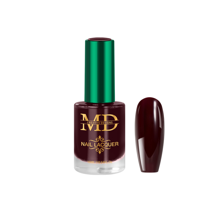 Nail polish bottle with green cap and brown nail color on white background