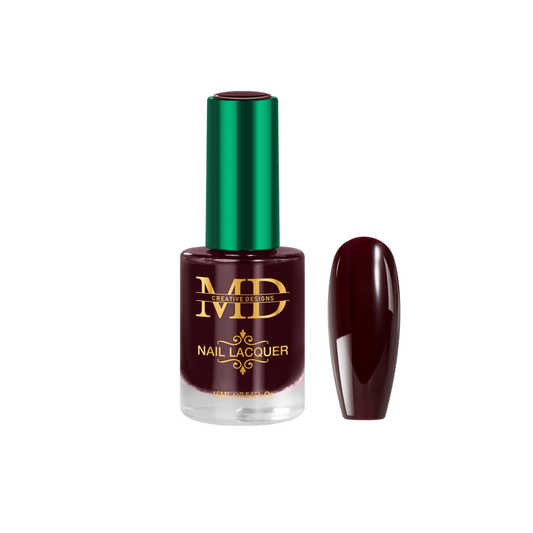 Nail polish bottle with green cap and brown nail color on white background