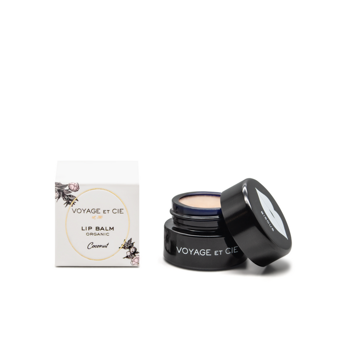 Organic lip balm jar, open lid showing beige balm; Coconut flavor