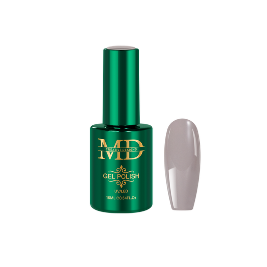 Green gel polish bottle with a gray nail tip color swatch on a white background