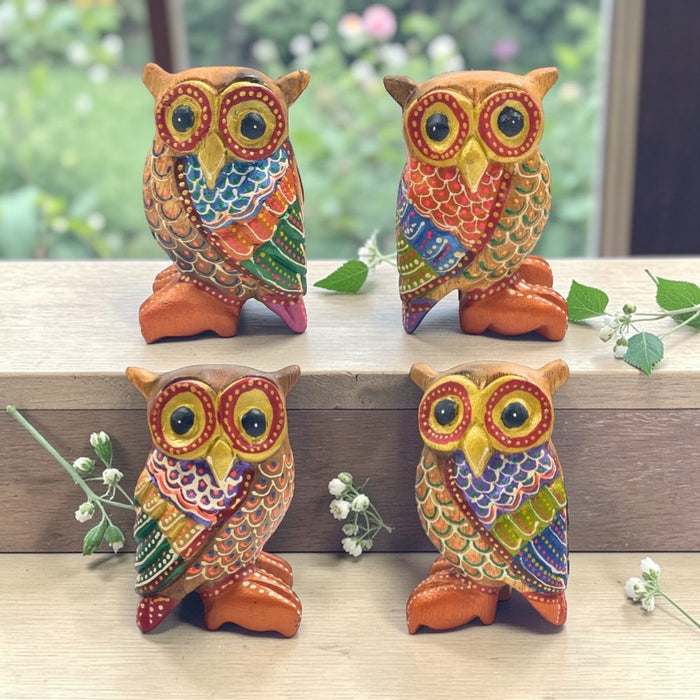 Owl Hand Painted Wooden Carving, Standing