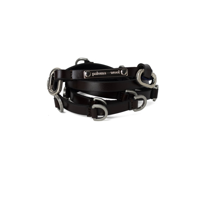 Black leather bridle with silver hardware on a white background