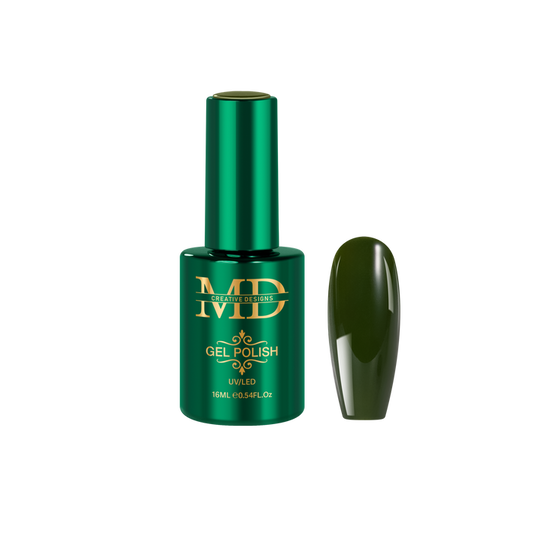 Green gel polish bottle with a matching nail tip color swatch on a white background