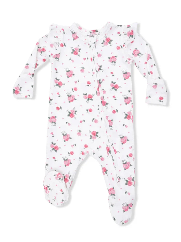Pink Rosettes 2-Way Zip Ruffle Sleeve Footie With Matching Headband