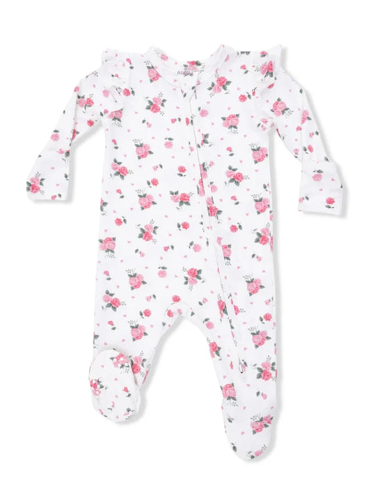 Pink Rosettes 2-Way Zip Ruffle Sleeve Footie With Matching Headband