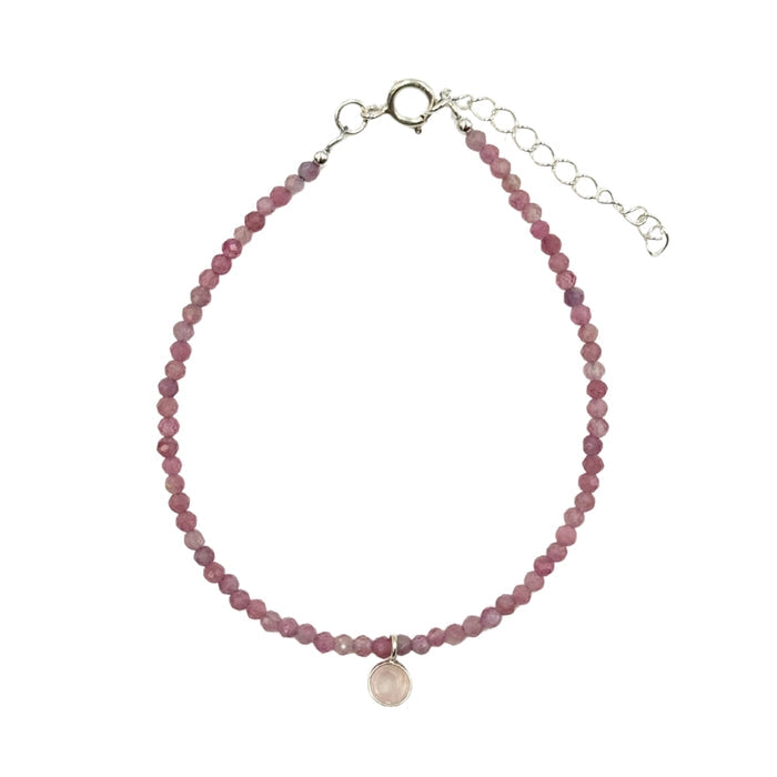 Pink Tourmaline with Rose Quartz Faceted Stone & Charm Bracelet 925