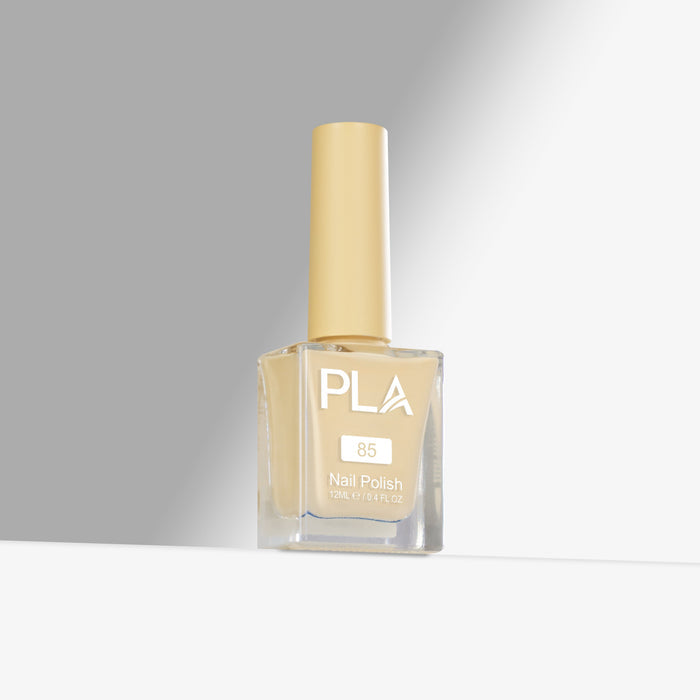 Nail polish bottle with yellow color and 'PLA' branding on a gray background