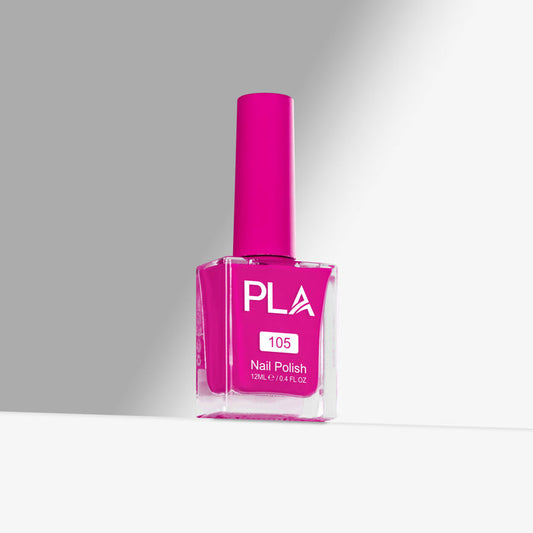 Pink nail polish bottle with 'PLA' branding on a gray background