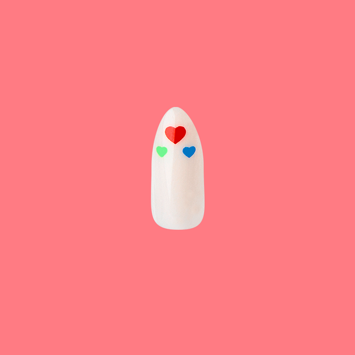 Rainbow Love | Almond | Medium single press-on nail in neutral shade with colorful hearts on pink background