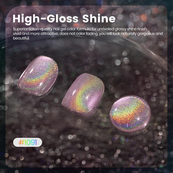 High-gloss shine holographic effect duo color shine rainbow purple pink cat eye gel polish RAR1091