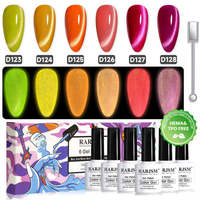 Neon Glow-in-the-Dark Cat Eye Gel TPO HEMA Free 6 Colors Halloween Set 7.5ml