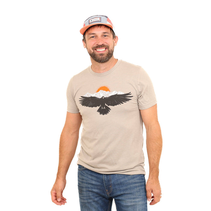 Black Raven Mountain T-shirt by Slow Loris featuring mountain and raven graphic on soft cotton fabric.