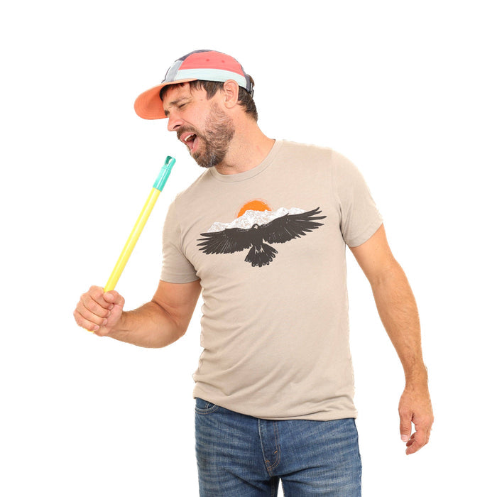 Slow Loris Raven Mountain T-shirt featuring a mountain and raven graphic on soft cotton fabric.