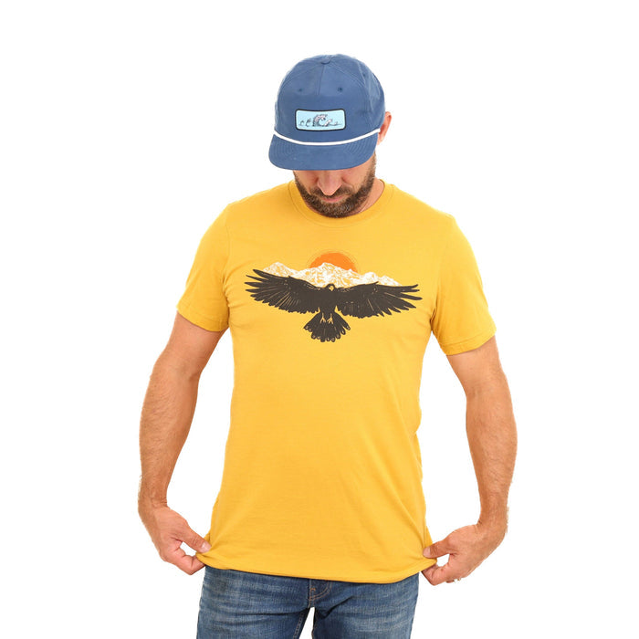 Slow Loris Raven Mountain T-shirt showing a mountain landscape design on a black cotton T-shirt.
