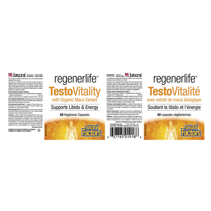 Natural Factors RegenerLife TestoVitality with Organic MACA Extract Label