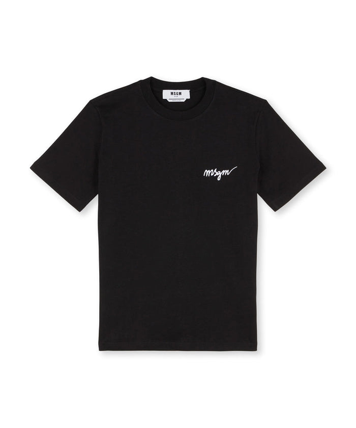 Round neck cotton T-shirt with embroidered logo Black