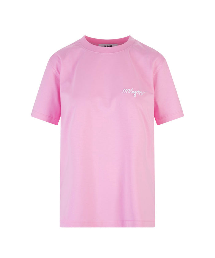 Round neck cotton T-shirt with embroidered logo Pink