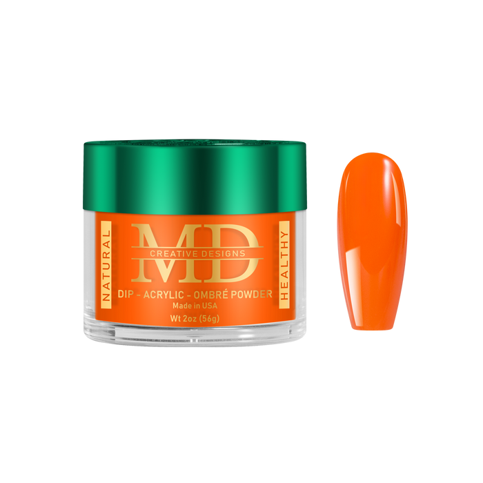 Jar of MD nail powder with an orange color swatch on a white background