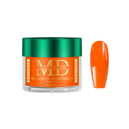 Jar of MD nail powder with an orange color swatch on a white background