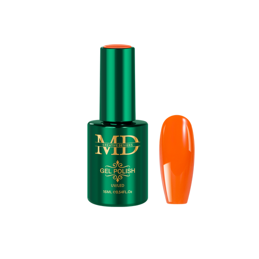 Green gel polish bottle with orange nail tip on a white background
