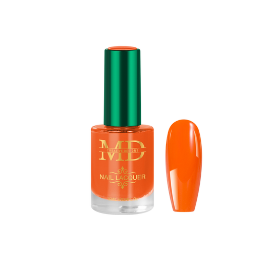 Orange nail polish bottle with green cap on a white background